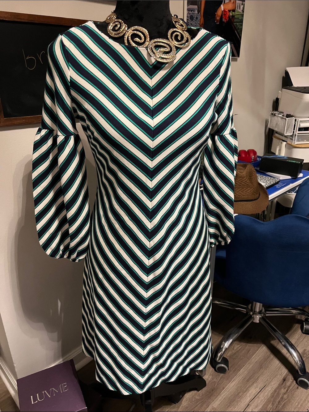 Beige by eci GreenNavy, & White Striped V-Neck Balloon Sleeve Dress